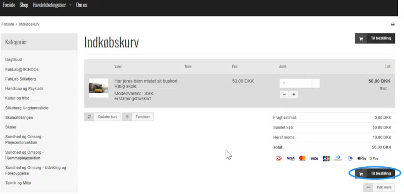 Skærmprint fra Silkeborg Kommune Webshop, der viser hvordan man bestiller